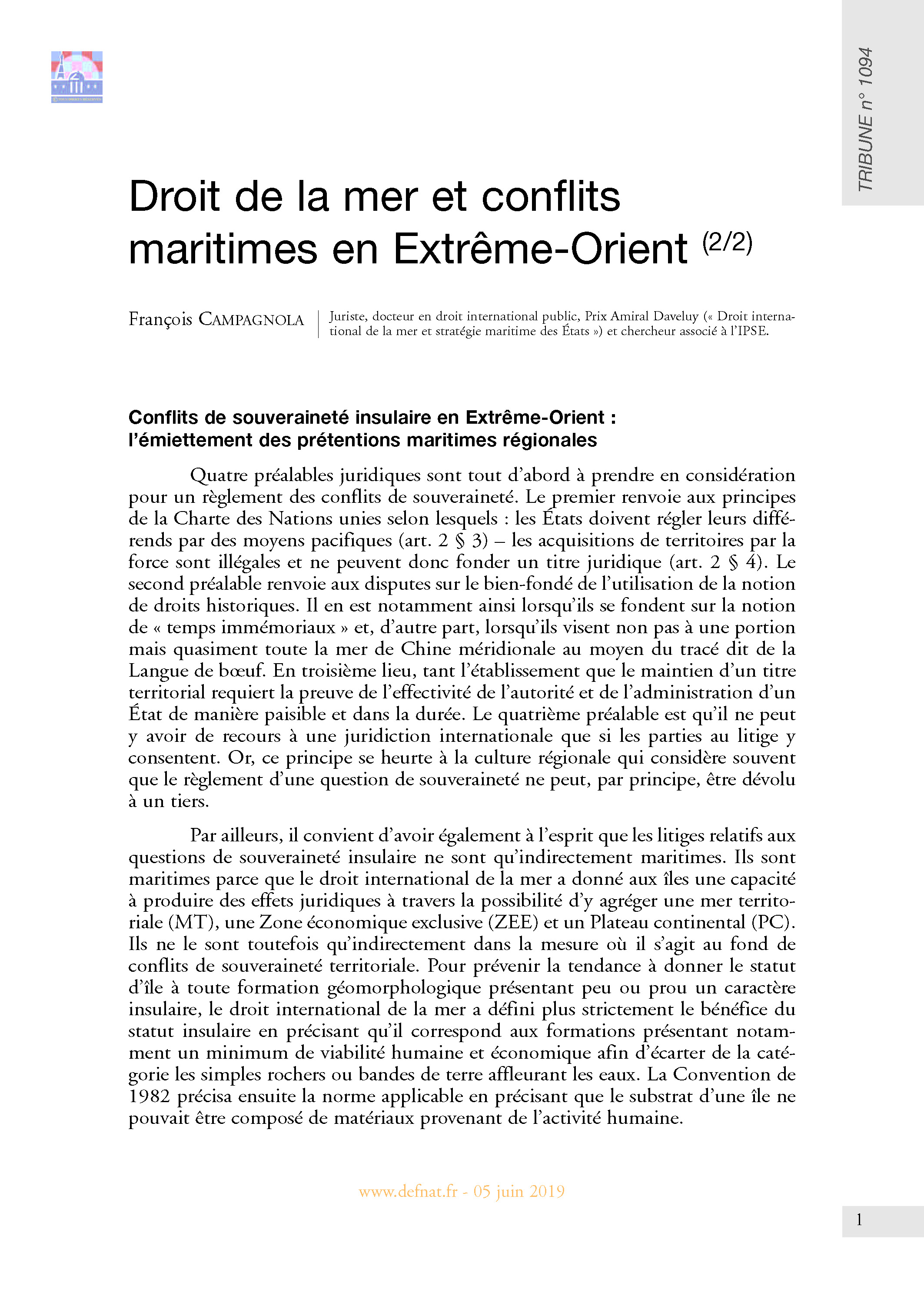 Droit de la mer et conflits maritimes en Extrême-Orient (2/2) (T 1094)
